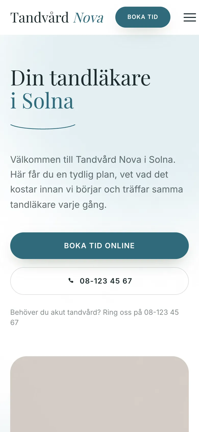 Kliniksajtens startsida i mobilen