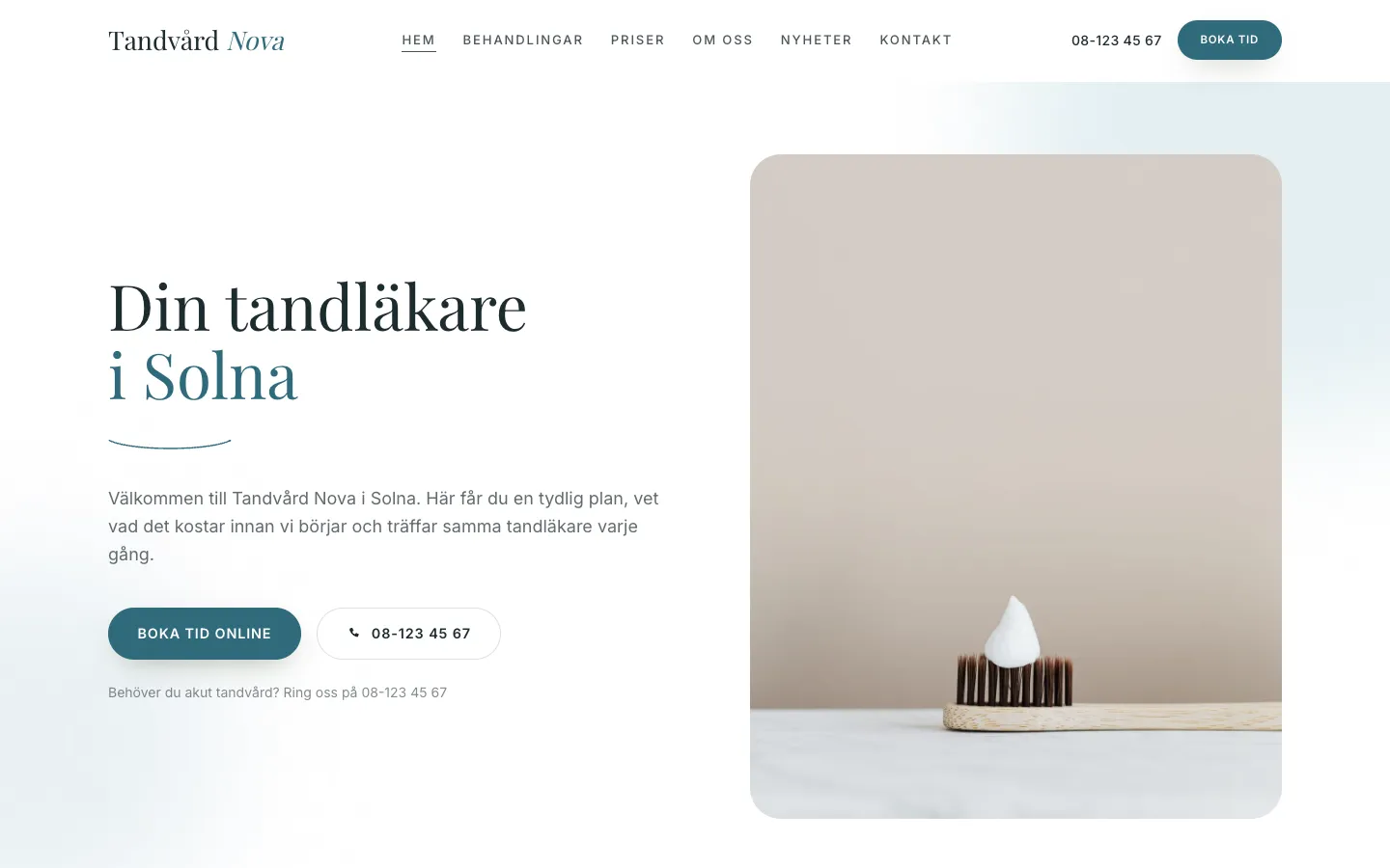 Startsidan för en tandklinik byggd på Asendo Medias klinikmall