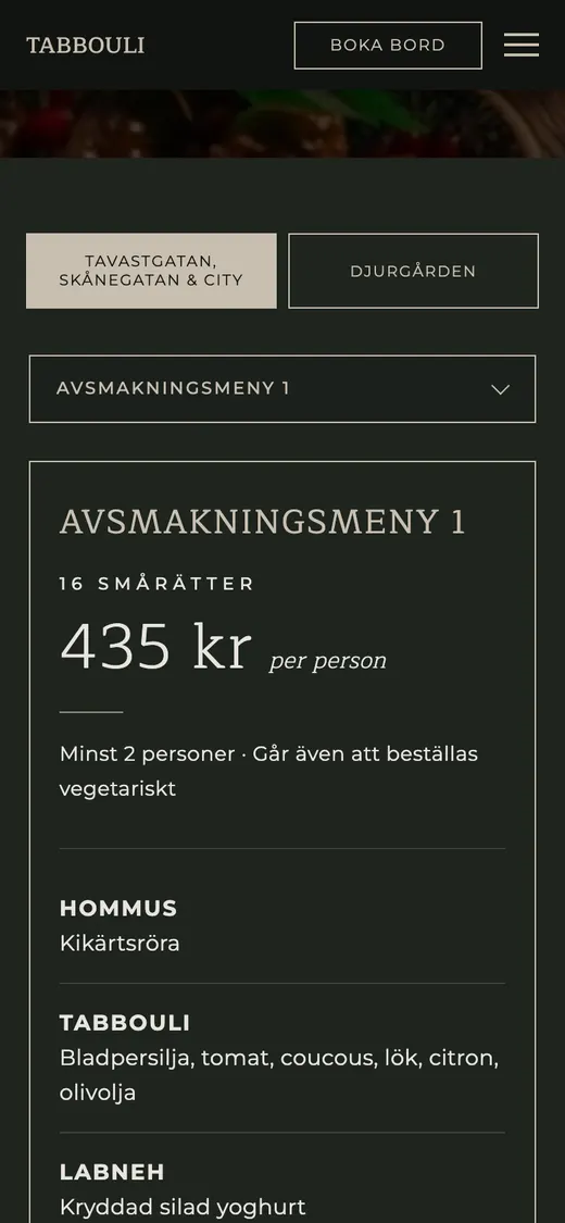 Tabboulis meny med rätter och pris i mobilen