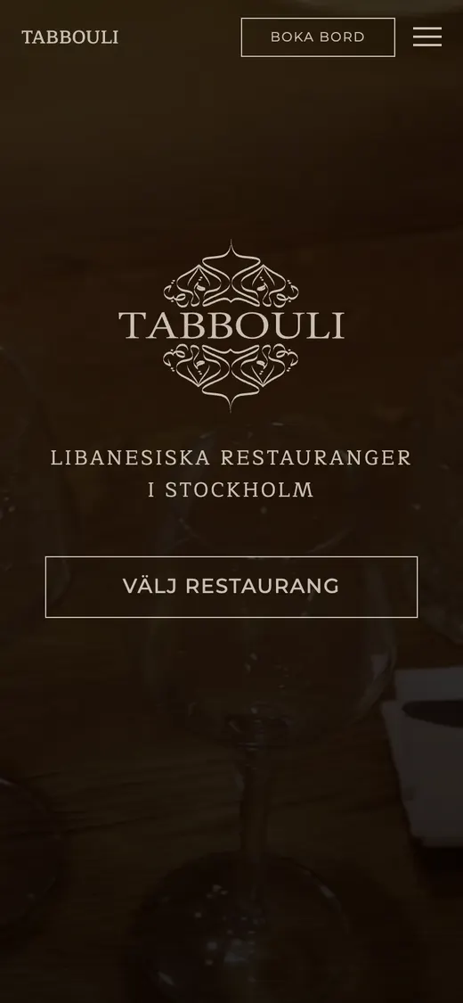 Startsidan på tabbouli.eu med val av restaurang