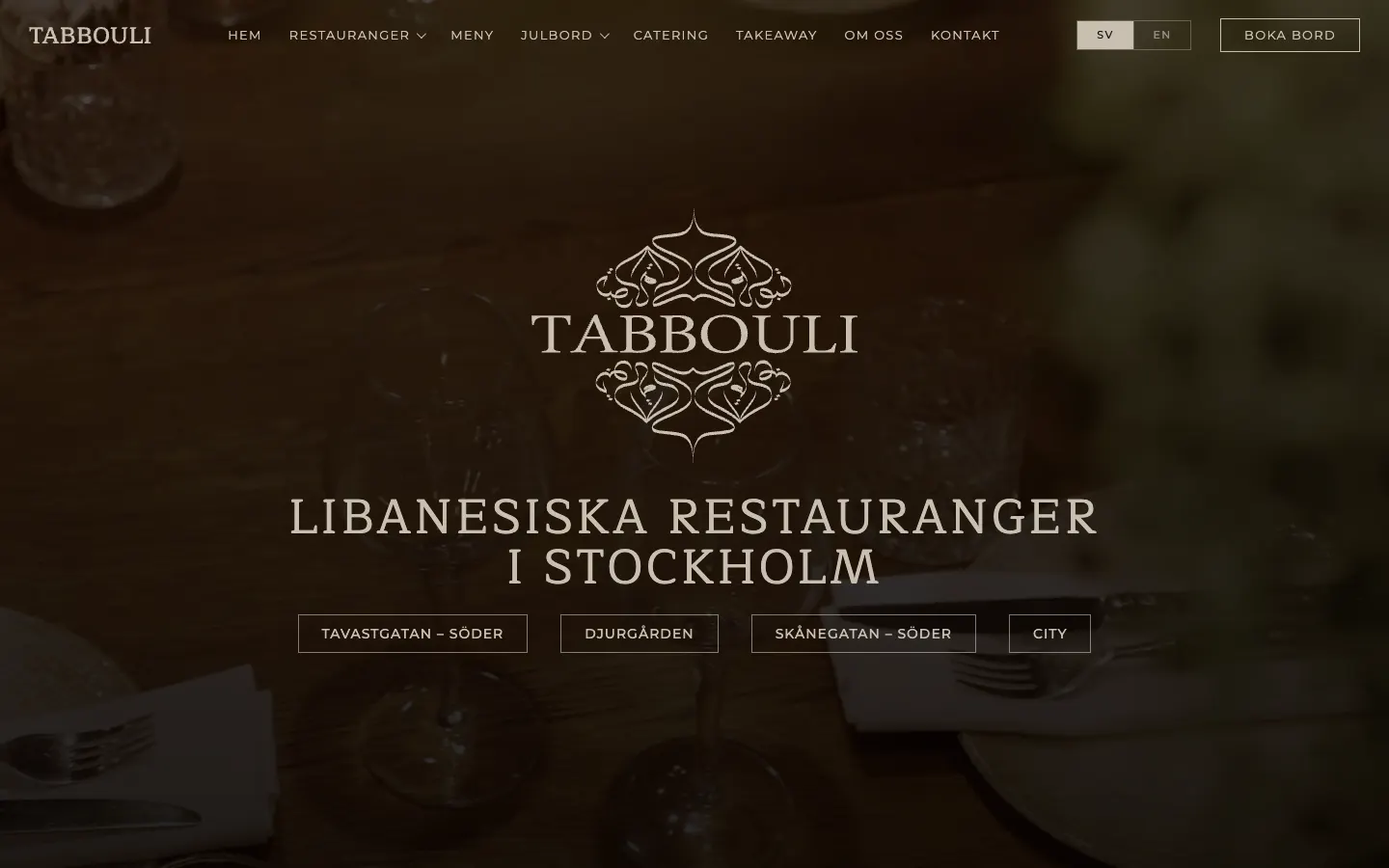 Startsidan på tabbouli.eu med val av restaurang